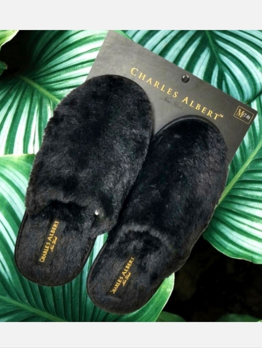 Charles Albert New York Plush Black Faux Fur Slippers Sz Small NWT